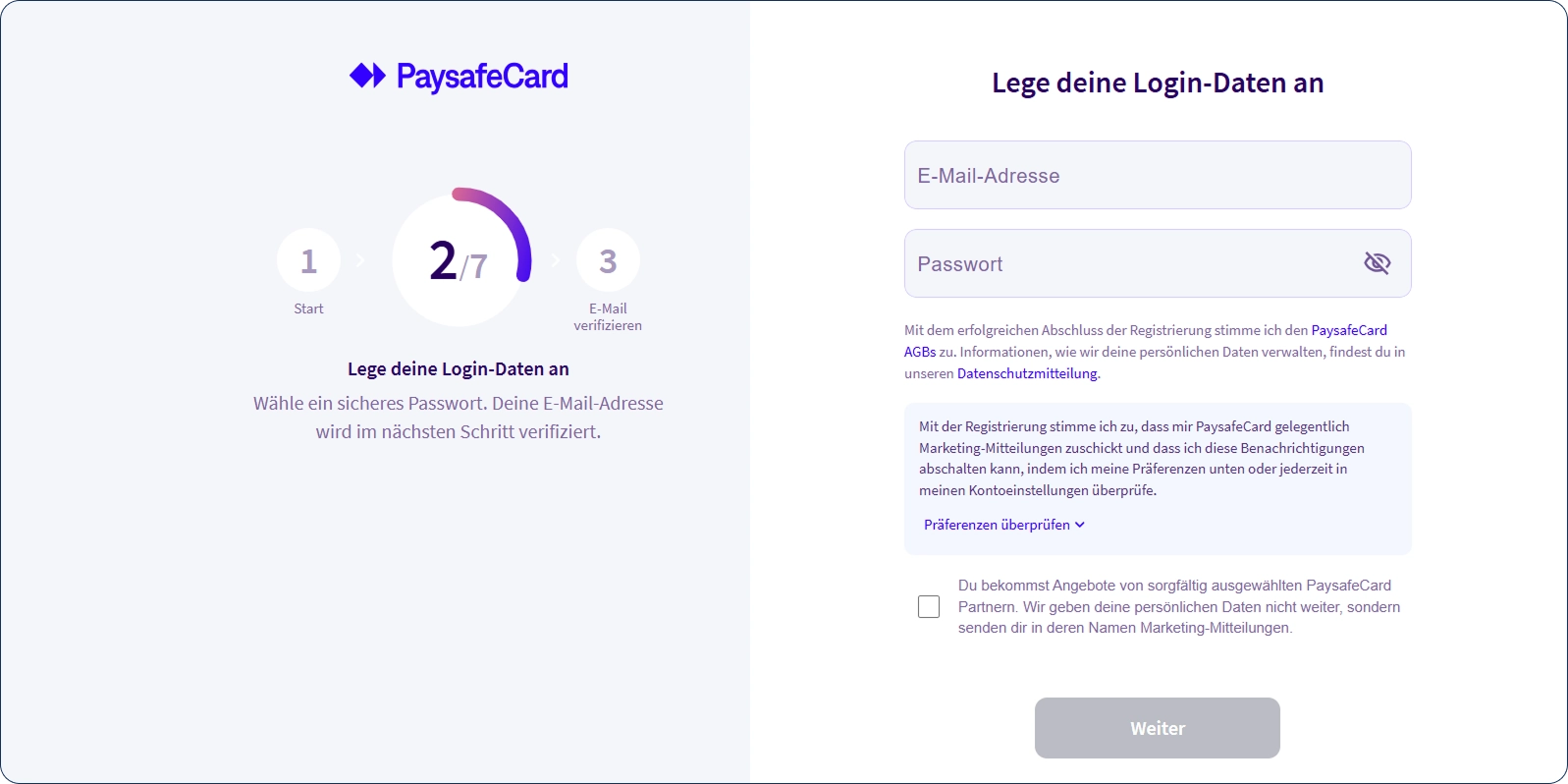 Paysafecard-Konto Registrierung für erweiterte Zahlungsfunktionen